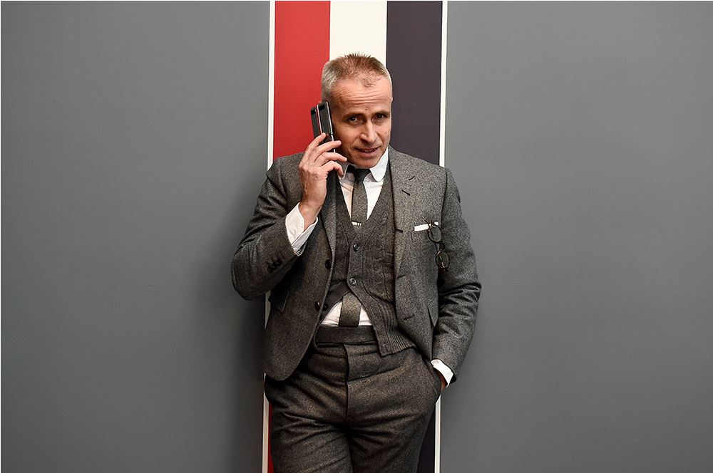 DESIGNER Thom Browne using the new Samsung Galaxy Z Flip Thom Browne Edition.
