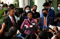 FILE: Nobel Laureate Maria Ressa speaks to members of the media after she was acquitted of the tax evasion cases against her at the Court of Tax Appeals in Quezon City, Metro Manila on 18 January 2023. Photo by JAM STA ROSA / AFP.
