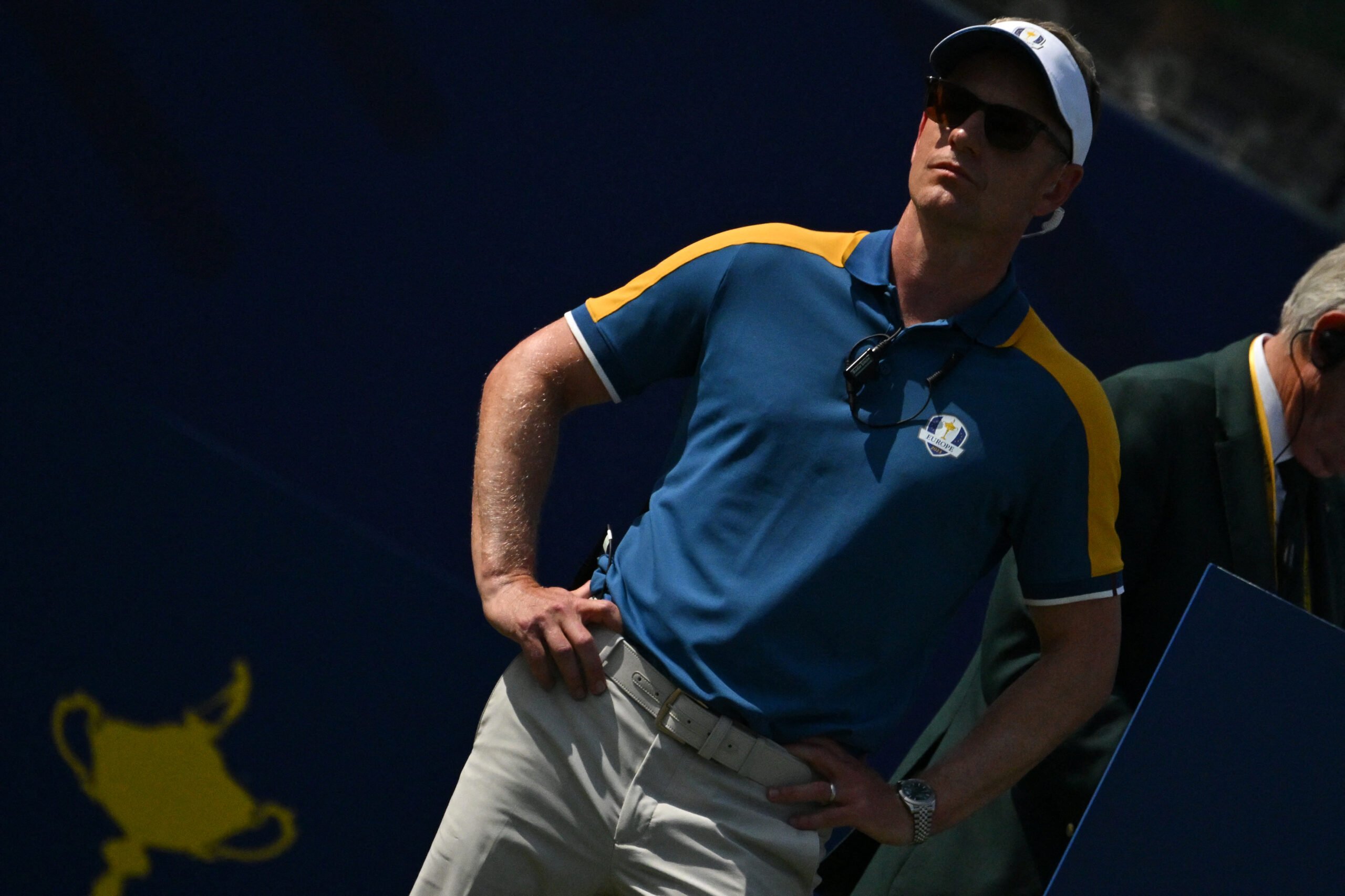 Europe's English captain, Luke Donald looks on from the 1st tee during the singles matches on the final day of play in the 44th Ryder Cup at the Marco Simone Golf and Country Club in Rome on 1 October 2023. (Photo by Andreas SOLARO / AFP)