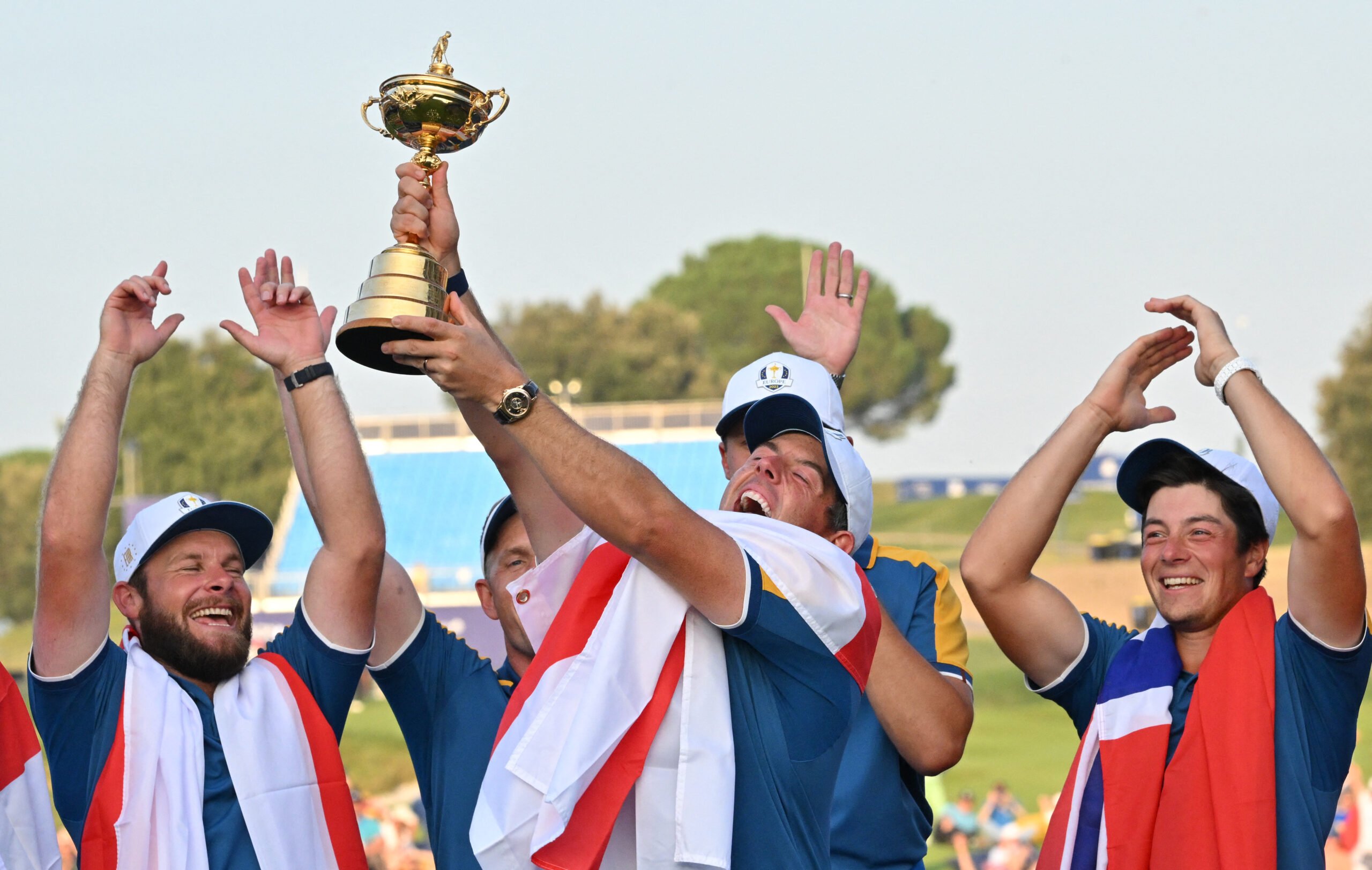 RORY McIlroy leads the celebration for Team Europe after denying Team USA a victory on its soil for 30 years running. | ANDREAS SOLARO/AGENCE FRANCE-PRESSE