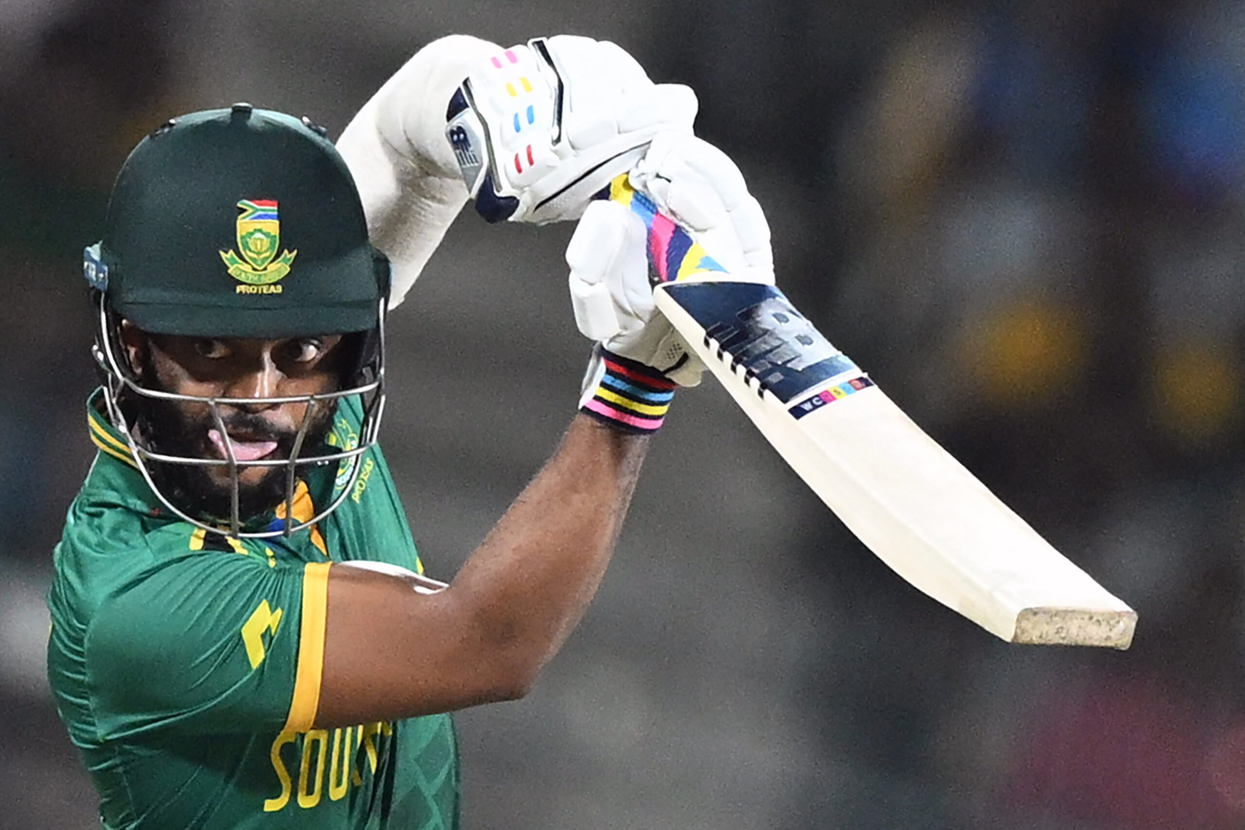 South Africa's captain Temba Bavuma plays a shot during the 2023 ICC Men's Cricket World Cup one-day international match between Pakistan and South Africa at the MA Chidambaram Stadium in Chennai on 27 October 2023. (Photo by R.Satish BABU / AFP)