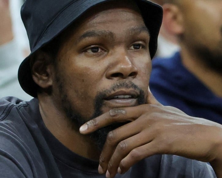 FILE PHOTO: NBA player Kevin Durant attends a 2023 FIBA World Cup exhibition game between Puerto Rico and the United States at T-Mobile Arena on 7 August 2023 in Las Vegas, Nevada. (Photo by Ethan Miller / GETTY IMAGES NORTH AMERICA / Getty Images via AFP)