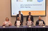 At the signing of the memorandum of understanding between Salesforce and Ayala Foundation: Gavin Barfield, vice president and chief technology officer, Solutions, Salesforce ASEAN; Tony Lambino, president, Ayala Foundation Inc.; (sitting) Catherine Soliman, Trailhead Academy, Salesforce; Abraham Cuevas, lead-Philippines, Salesforce; Joanna Duarte, senior director for Social Development, Ayala Foundation Inc.; and Andrian Villanueva, senior director for Corporate Resources Division, Ayala Foundation Inc.(PHOTOGRAPHS COURTESY OF AYALA FOUNDATION
)