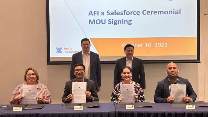 At the signing of the memorandum of understanding between Salesforce and Ayala Foundation: Gavin Barfield, vice president and chief technology officer, Solutions, Salesforce ASEAN; Tony Lambino, president, Ayala Foundation Inc.; (sitting) Catherine Soliman, Trailhead Academy, Salesforce; Abraham Cuevas, lead-Philippines, Salesforce; Joanna Duarte, senior director for Social Development, Ayala Foundation Inc.; and Andrian Villanueva, senior director for Corporate Resources Division, Ayala Foundation Inc.(PHOTOGRAPHS COURTESY OF AYALA FOUNDATION
)