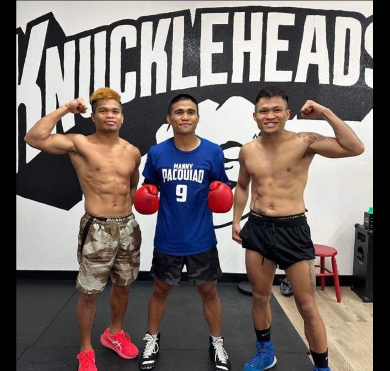 Marlon Tapales (center) ramps up his buildup after another intense training session in Las Vegas. Joining him in the gym are Jonas Sultan (right) and Jerwin Ancajas. | PHOTOGRAPH COURTESY OF Sean Gibbons