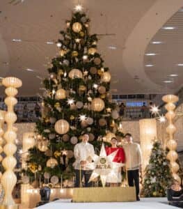 Leading the lighting ceremony of a giant Capiz parol and a bedecked 33-foot Christmas tree were Taguig City Mayor Lani Cayetano (center), SM Supermalls President Steven Tan (right), and SM Engineering Design and Development President Hans Sy Jr. (left).