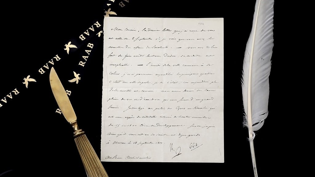 This image courtesy the Raab Collection in Philadelphia shows a letter sent by Napoleon during the Russian campaign. Eleven letters sent by Napoleon Bonaparte, including dispatches from the Kremlin, have gone on sale following the blockbuster sale of the diminutive French emperor's hat for $2.1 million at auction. (Photo by The Raab Collection Philadelphia / AFP)
