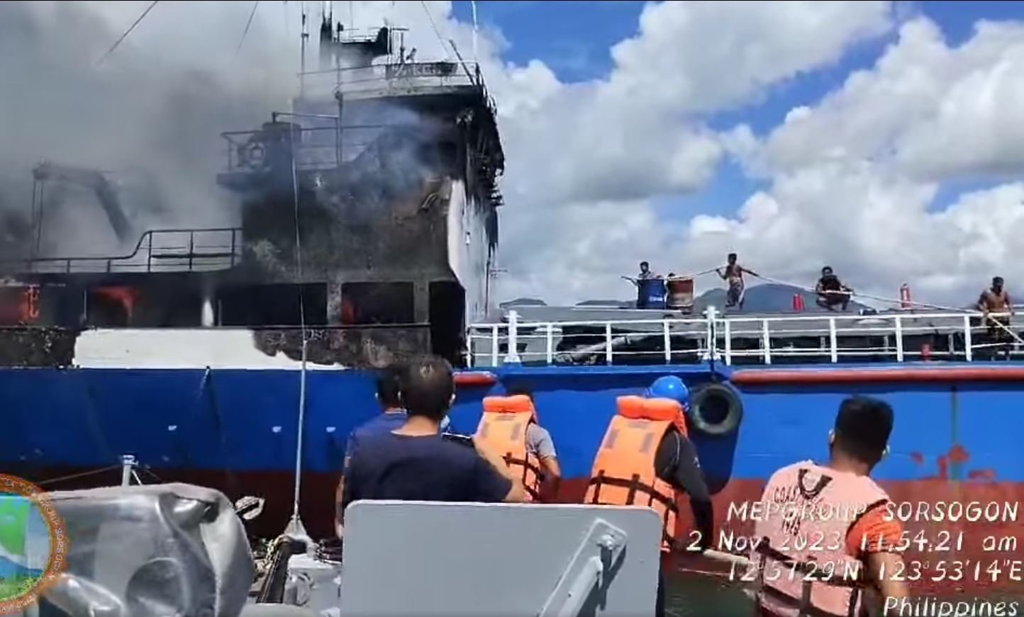 Cargo vessel razed by fire