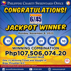 QC bettor hits P107.5-M Mega Lotto jackpot