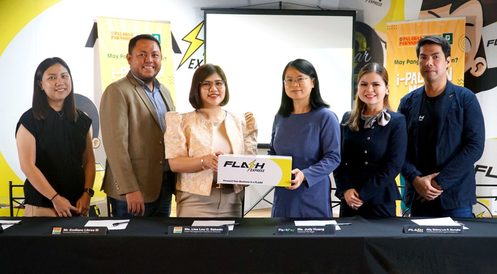 Ensuring Filipinos receive their money on time are (from left) Missy Baldemor, head of B2B department, Palawan Group of Companies; PalawanPay’s Business executive officer Emiliano Librea III; cash management solutions director, Lisa Lou Castro-Sabado; Flash Pay general manager, Judy Huang; Flash Express head of legal and compliance, Atty. Sherry Lou Bernabe, and accounts receivables manager, Ceferino Iglesias. | Photograph COURTESY OF Palawan Express