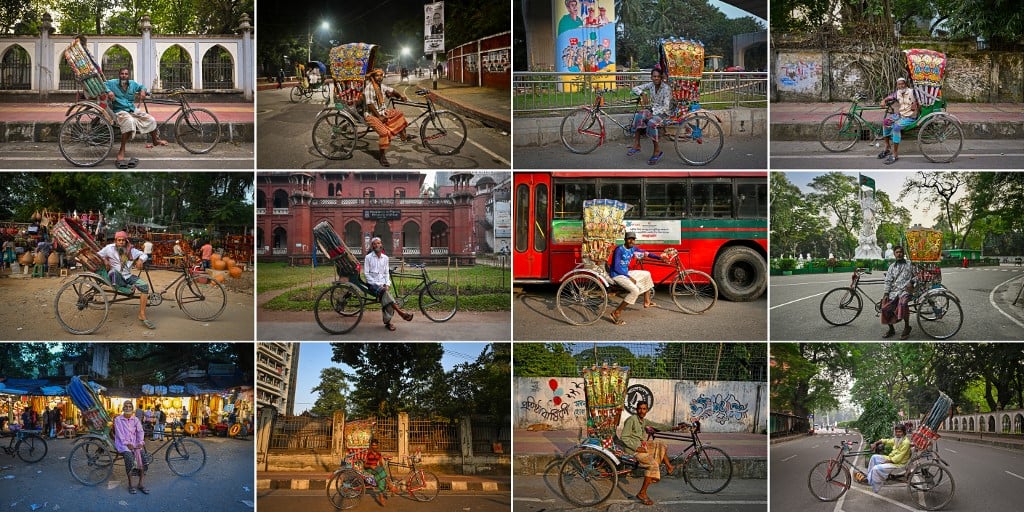 This combination image of 12 pictures created on 19 December 2023 shows Bangladesh's bicycle rickshaw drivers posing for portraits with their vehicles on the streets of Dhaka. (Photo by Munir UZ ZAMAN / AFP)