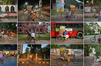 This combination image of 12 pictures created on 19 December 2023 shows Bangladesh's bicycle rickshaw drivers posing for portraits with their vehicles on the streets of Dhaka. (Photo by Munir UZ ZAMAN / AFP)