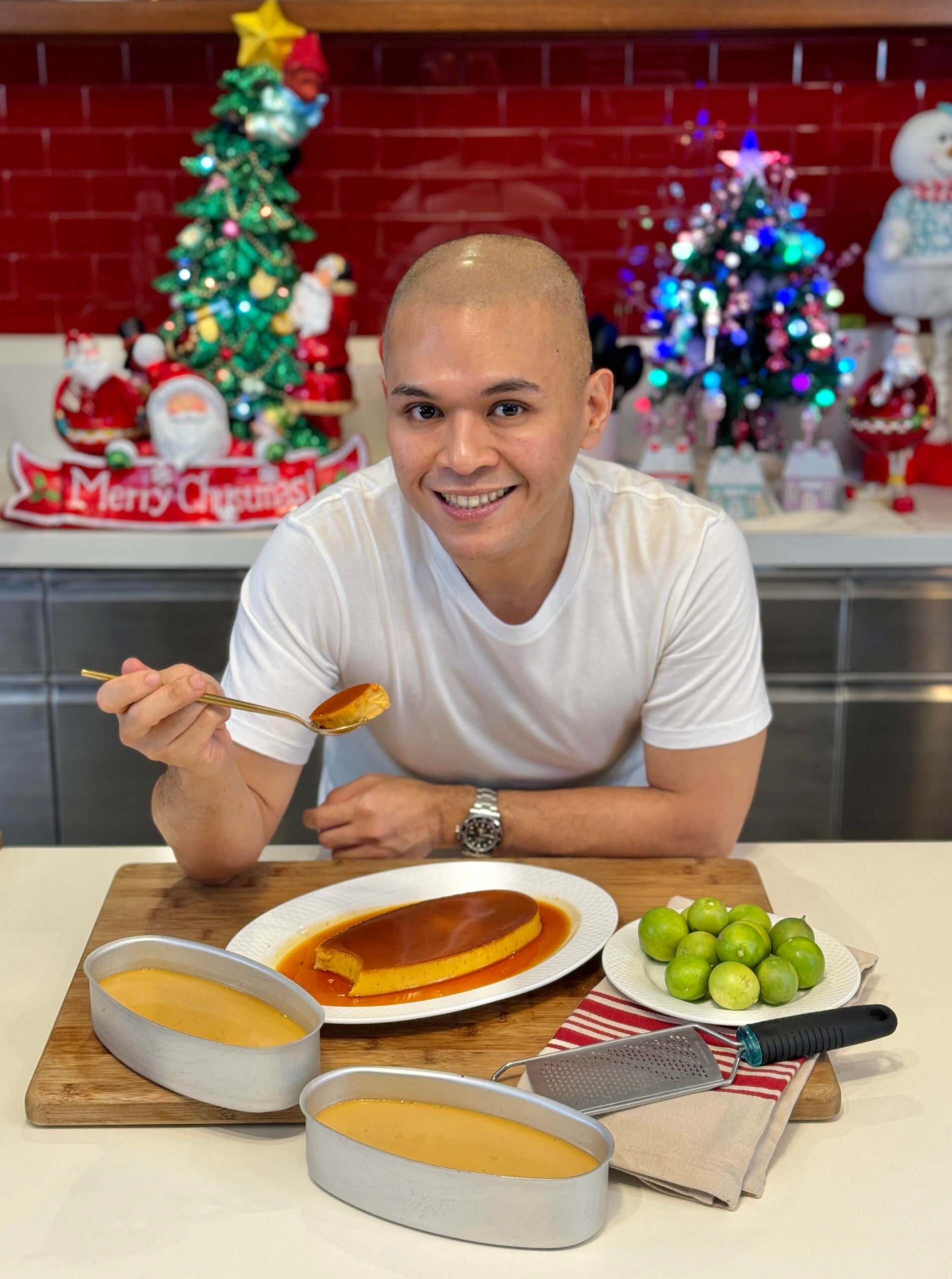 Chef RV Manabat and his mom’s leche flan.(PHOTOGRAPH COURTESY OF CHEF RV)