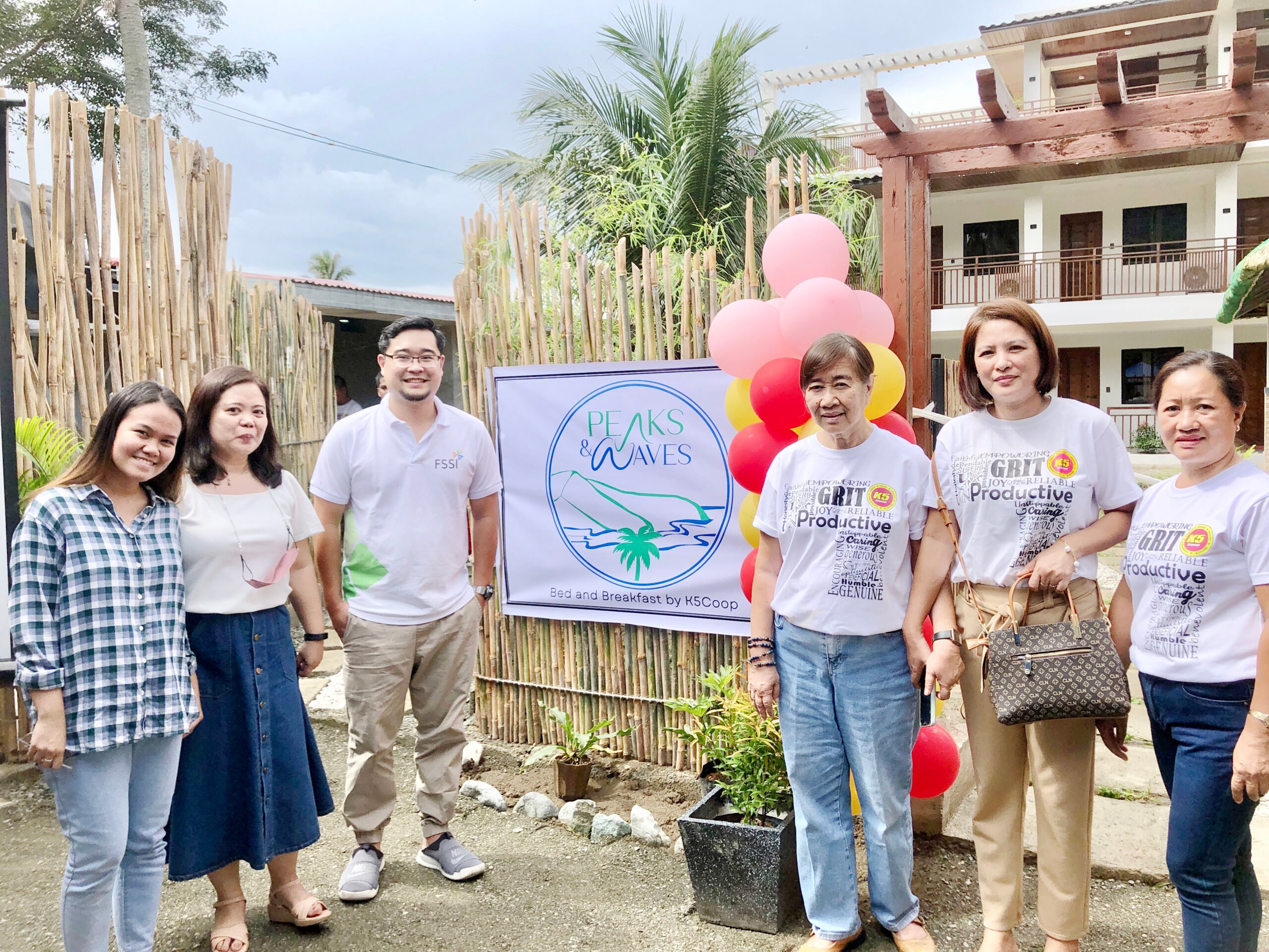 K5 MPC’s Peaks and Waves Bed and Breakfast at Dingalan, Aurora, with Nikki Natan, FSSI knowledge management, advocacy and communications officer; Leah Embuido, FSSI financial services manager; Mark Tañedo, FSSI credit officer; Evelyn Roxas, Sherlyn Alcantara and Ma. Loida dela Cruz, K5 MPC board directors.