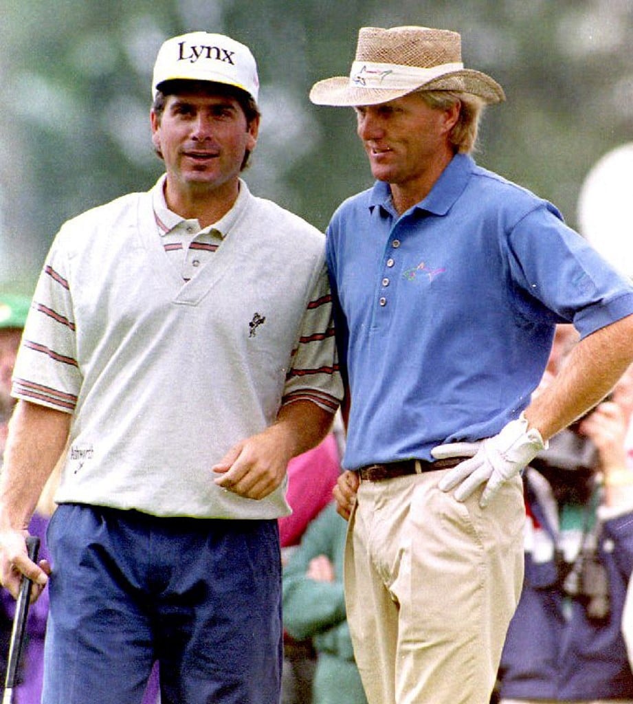 (PAUL J. RICHARDS/agence france-presse) Misty water-colored picture of greats Fred Couples (left) of the United States and Greg Norman of Australia during practice round of the 1992 Masters. They have since gone on far, far different routes.