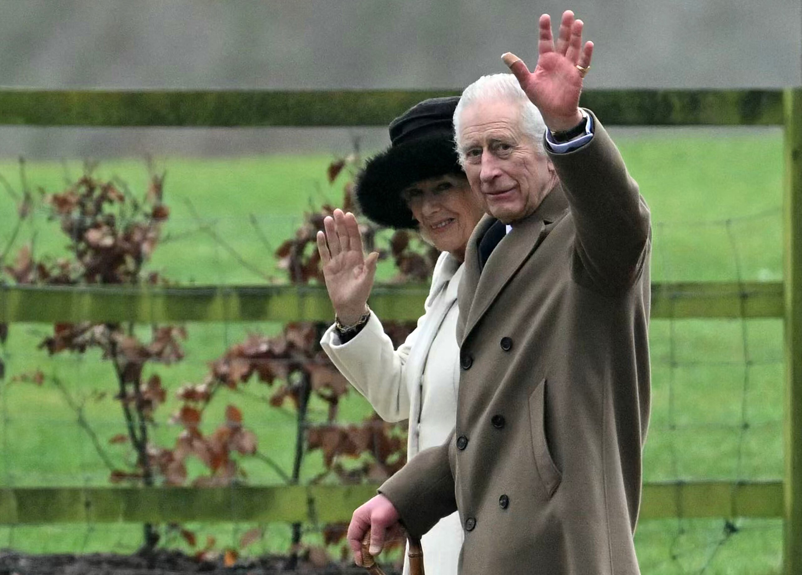 (FILES) Britain's King Charles III and Britain's Queen Camilla waves as they leave after attending a service at St Mary Magdalene Church on the Sandringham Estate in eastern England on 11 February 2024. King Charles III's health struggles following his recent cancer diagnosis will not stop anti-royalists making the case for an end to Britain's monarchy, says pressure group Republic. (Photo by JUSTIN TALLIS / AFP)