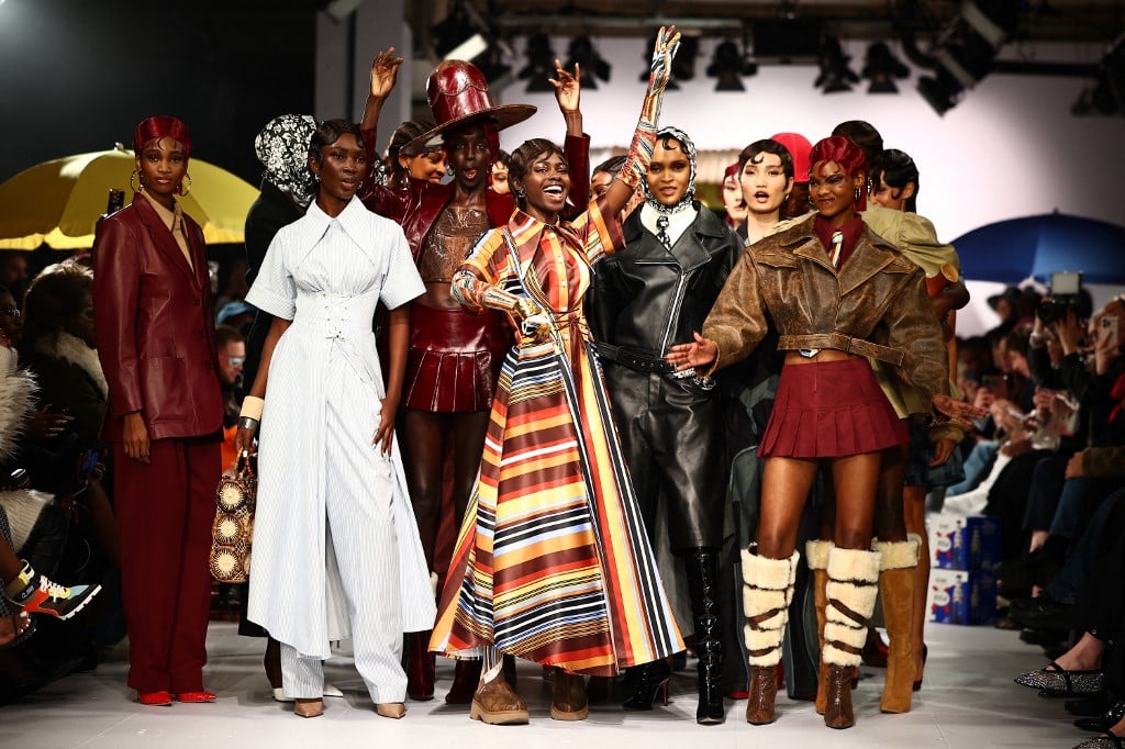 Models present creations by British-Nigerian designer Tolu Coker during a catwalk presentation for her Autumn/Winter 2024 collection during London Fashion Week in London, on 16 February 2024. (Photo by HENRY NICHOLLS / AFP)