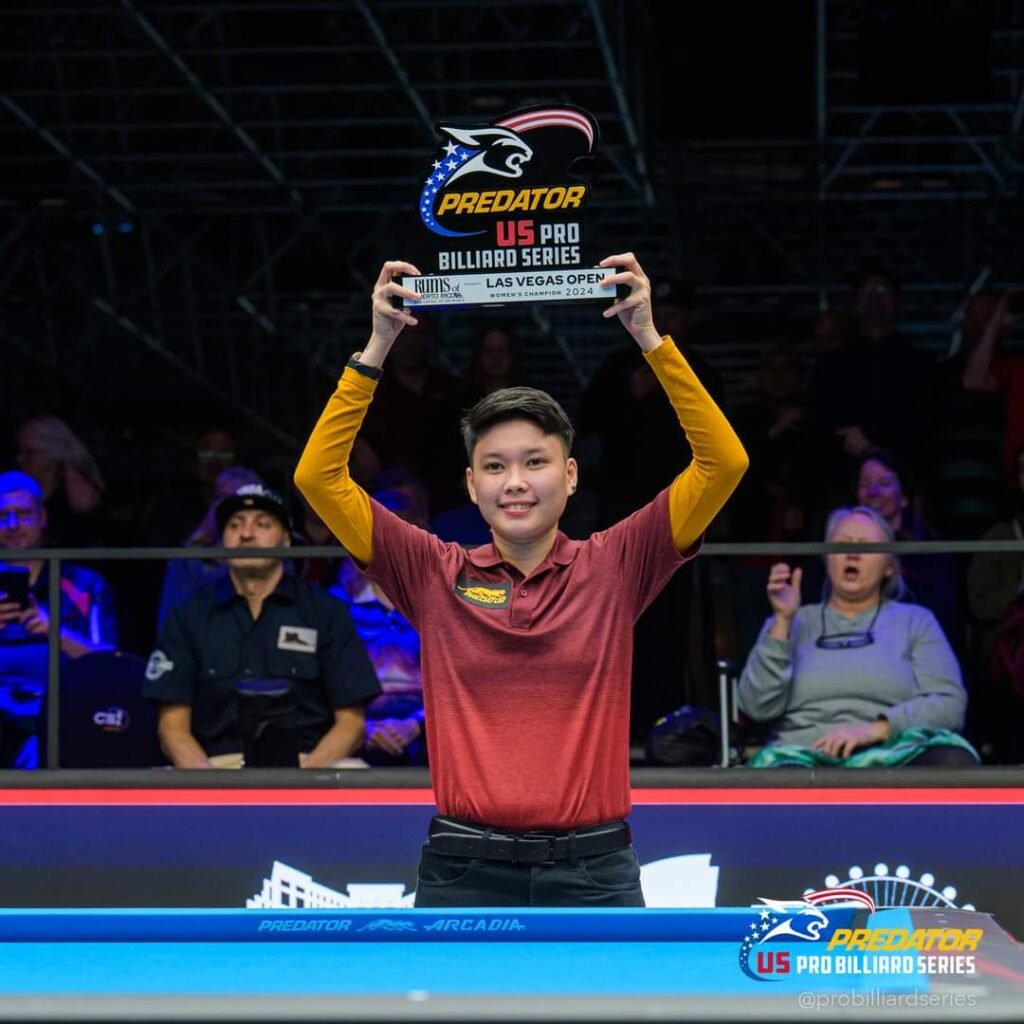 CHEZKA Centeno is all smiles with her shiny 2024 Las Vegas Open women's 10-ball championship trophy after beating China's Siming Chen in the final. | PHOTOGRAPH COURTESY OF Predator Pro Billard Series
