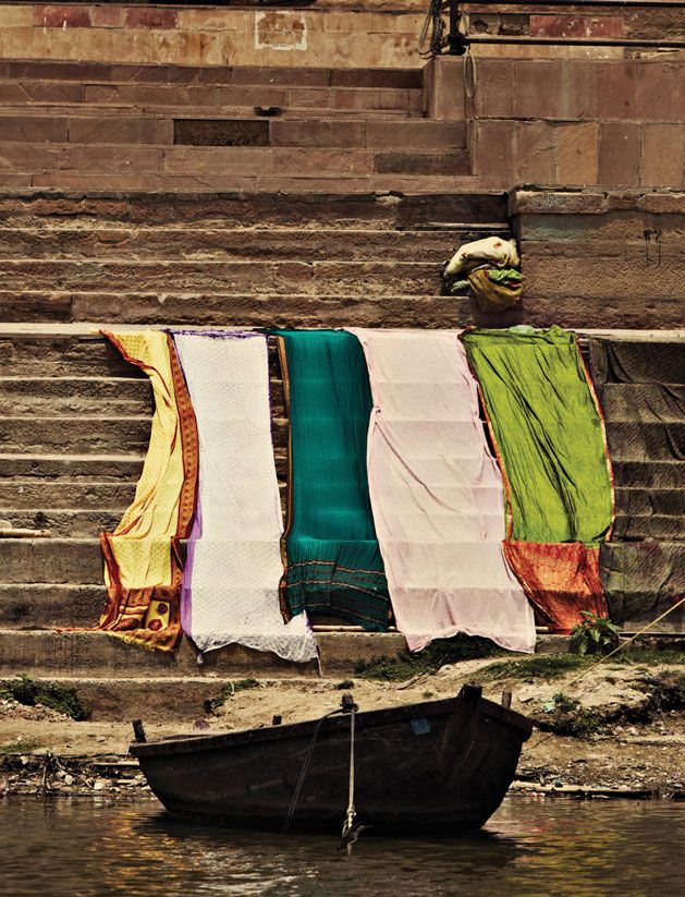 Sarees at a ghat in benares.