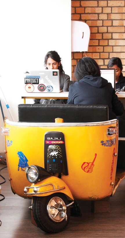 INSIDE FACEBOOK: The irreverant look of Facebook’s Hyderabad office. <br />
An autorickshaw doubles as a workstation. 