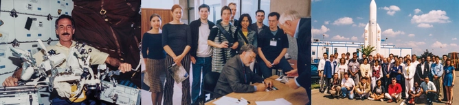 Space odyssey: (Left to right) Astronaut Jeffrey Hoffman; retired Apollo astronaut Harrison Schmitt, signing autographs at a Lunar Base Design Workshop; the International Space University Master Class 1996-97. (Hoffman: courtesy of NASA, Schmitt, workshop: courtesy of Susmita Mohanty.)