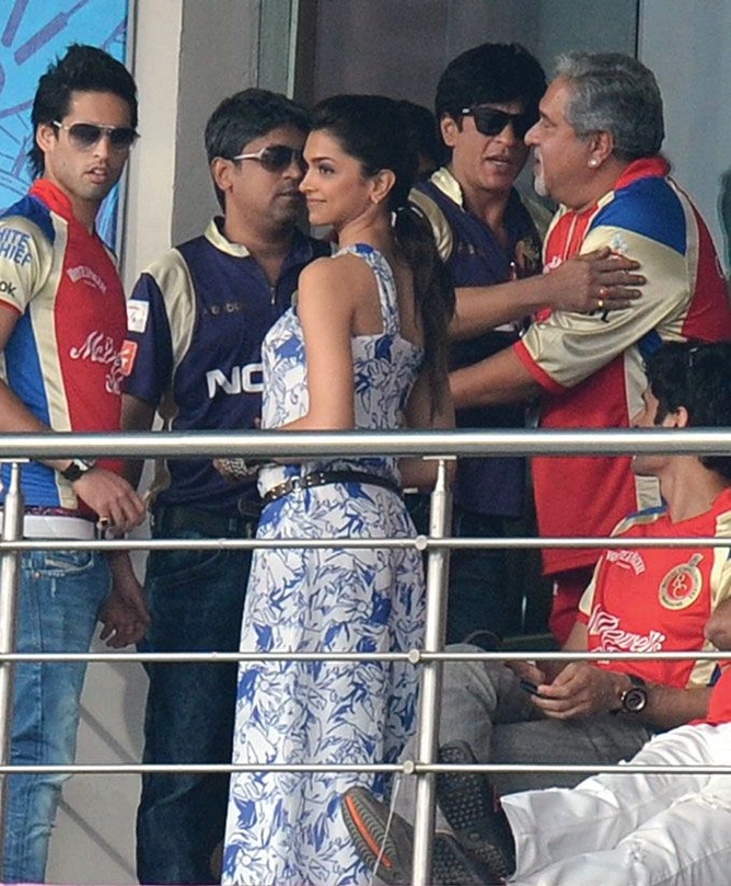 NOW: Kolkata knight riders co-owner Shah rukh khan (third from right) greets Vijay Mallya (extreme right) and his friends and family, including siddhartha Mallya (extreme left) and deepika Padukone (third from left).