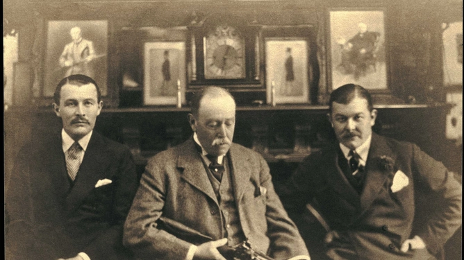  Athol Purdey (centre), grandson of the founder James Purdey, with his sons James (left) and Thomas. The sons, both World War I veterans, took over the business in 1929 and then sold it to Hugh and Victor Seely, after World War II. &nbsp;