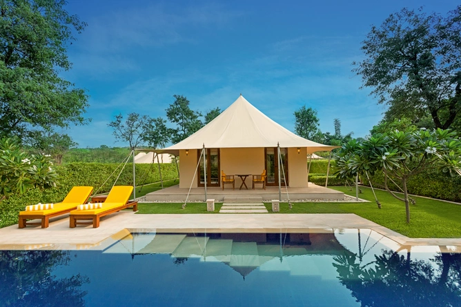 Royal tent with private pool atThe Oberoi Sukhvilas Resort & Spa, Siswan Forest Range, New Chandigarh. 