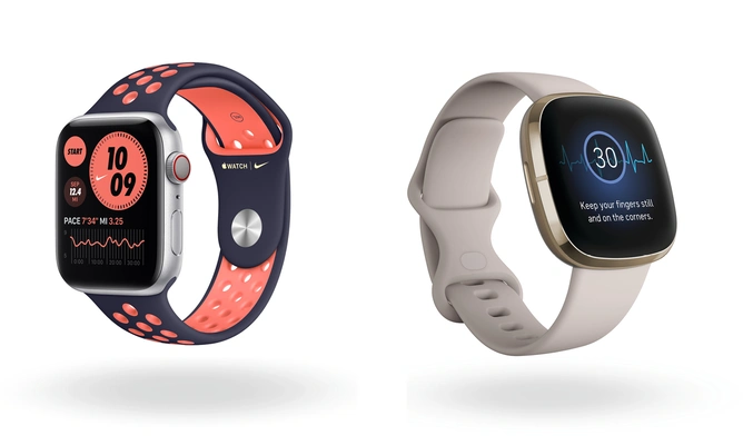 APPLE WATCH
SERIES 6 (Left) STARTS FROM
₹40,900; FITBIT SENSE :
₹22,999.