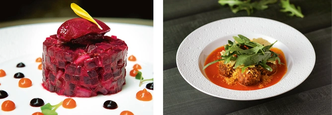 From left: Beetroot Tartare, and Meatballs in Spicy Tomato Sauce, Rucola, and Crunchy Bread by Chef Adriano Baldassarre at Perbacco, The Lodhi.