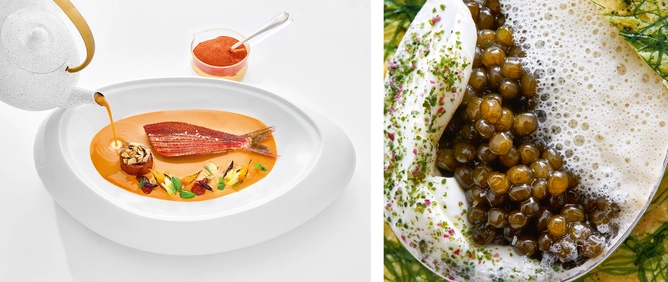 From left: Rouget by Chef Arnaud Donckele at Plenitude, Cheval Blanc, Paris; Turbot Bouillon Ode a l’iode by Chef Arnaud Donckele.