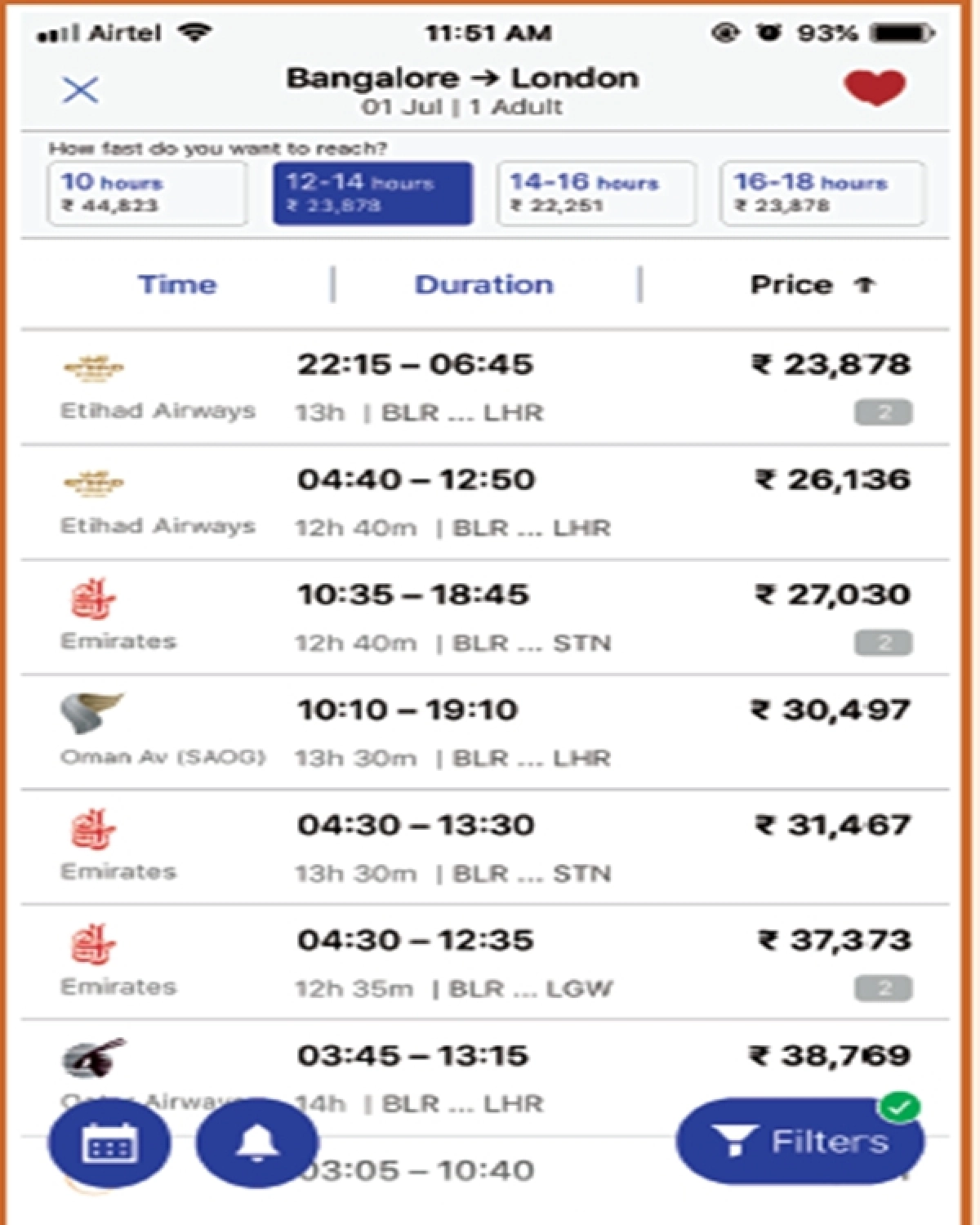 Cleartrip’s new duration vs. fare filter