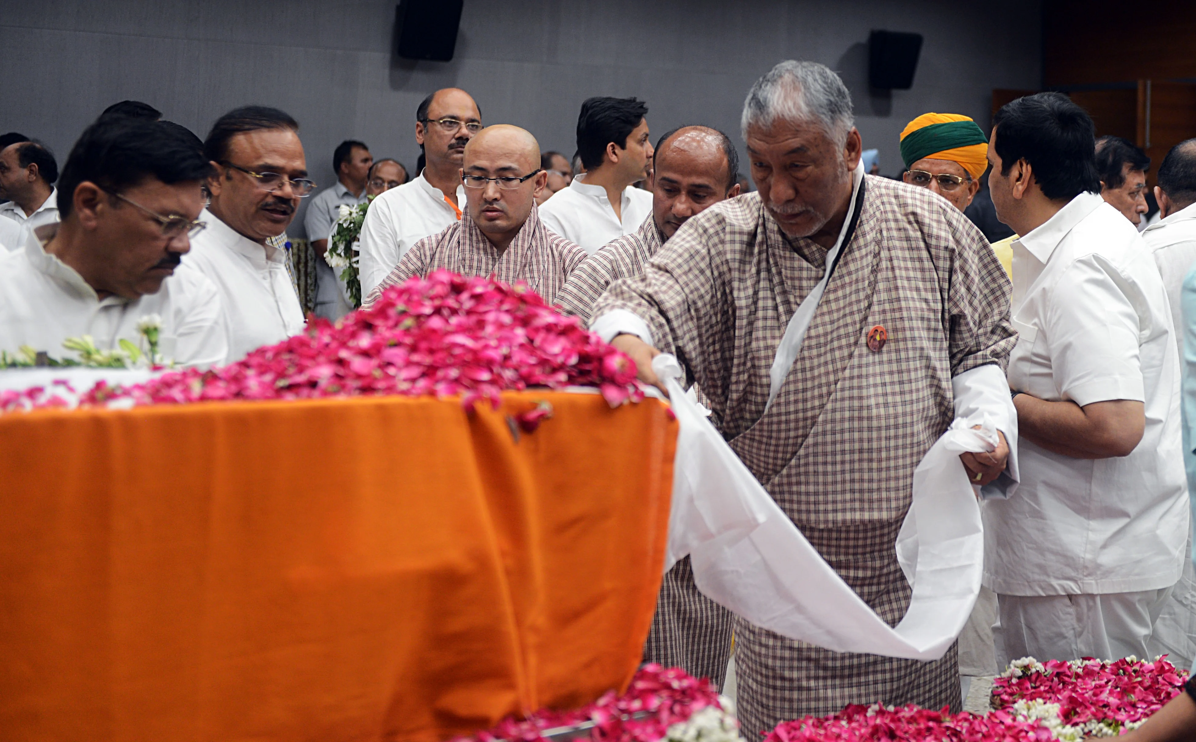 Bhutan Embassy staff pays tributes during the last respects of former Finance Minister Arun Jaitley at BJP headquarters in New Delhi
