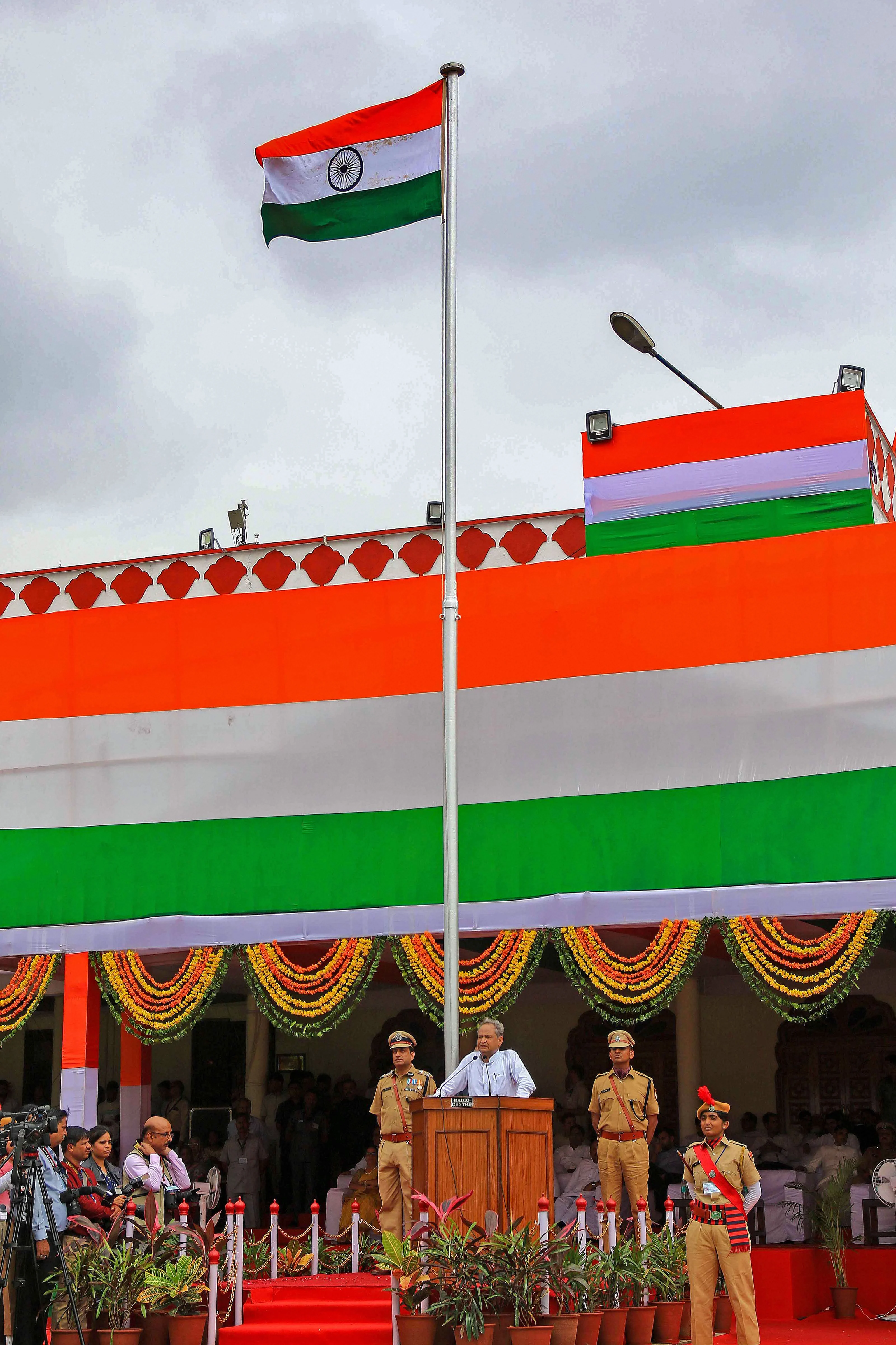Rajasthan Chief Minister Ashok Ghelot speaks during the 73rd Independence Day at SMS Stadium in Jaipur