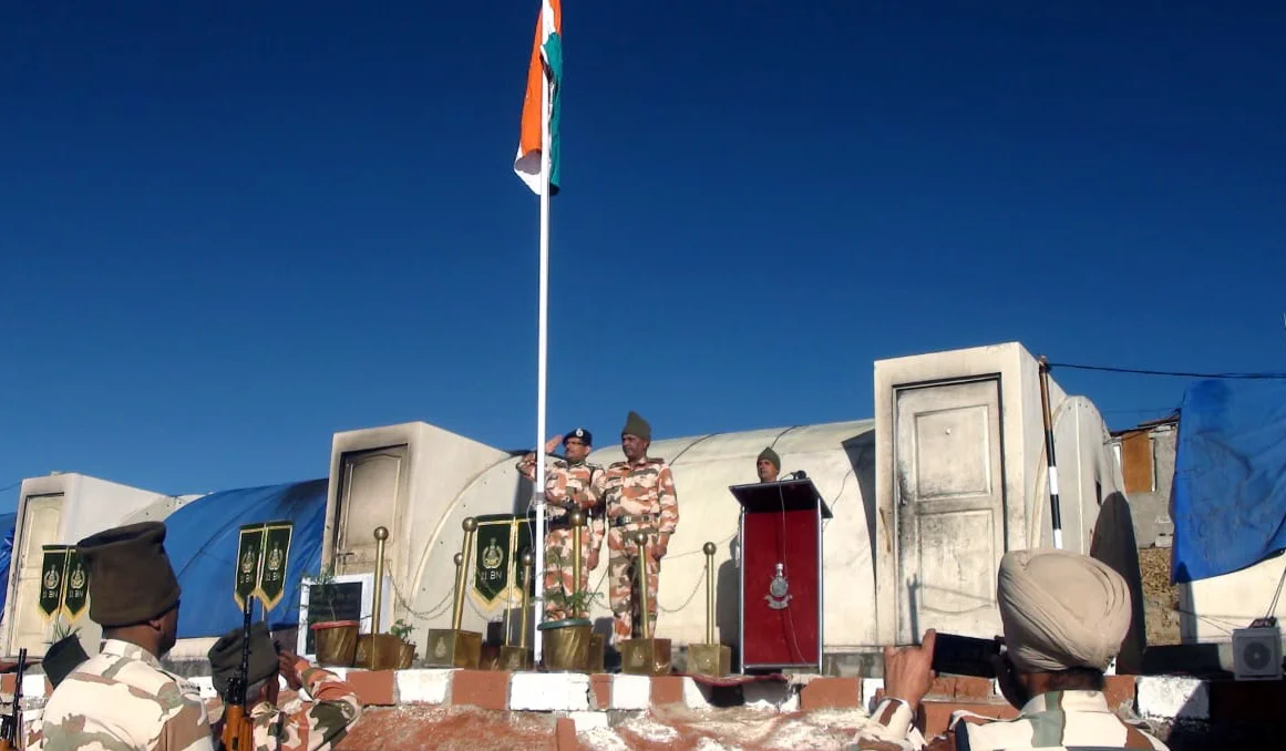 Indo Tibetan Border Police (ITBP) troops salute after unfurls the National Flag to celebrate the 73rd Independence Day at 18800 feet OP Dorzila, Sikkim