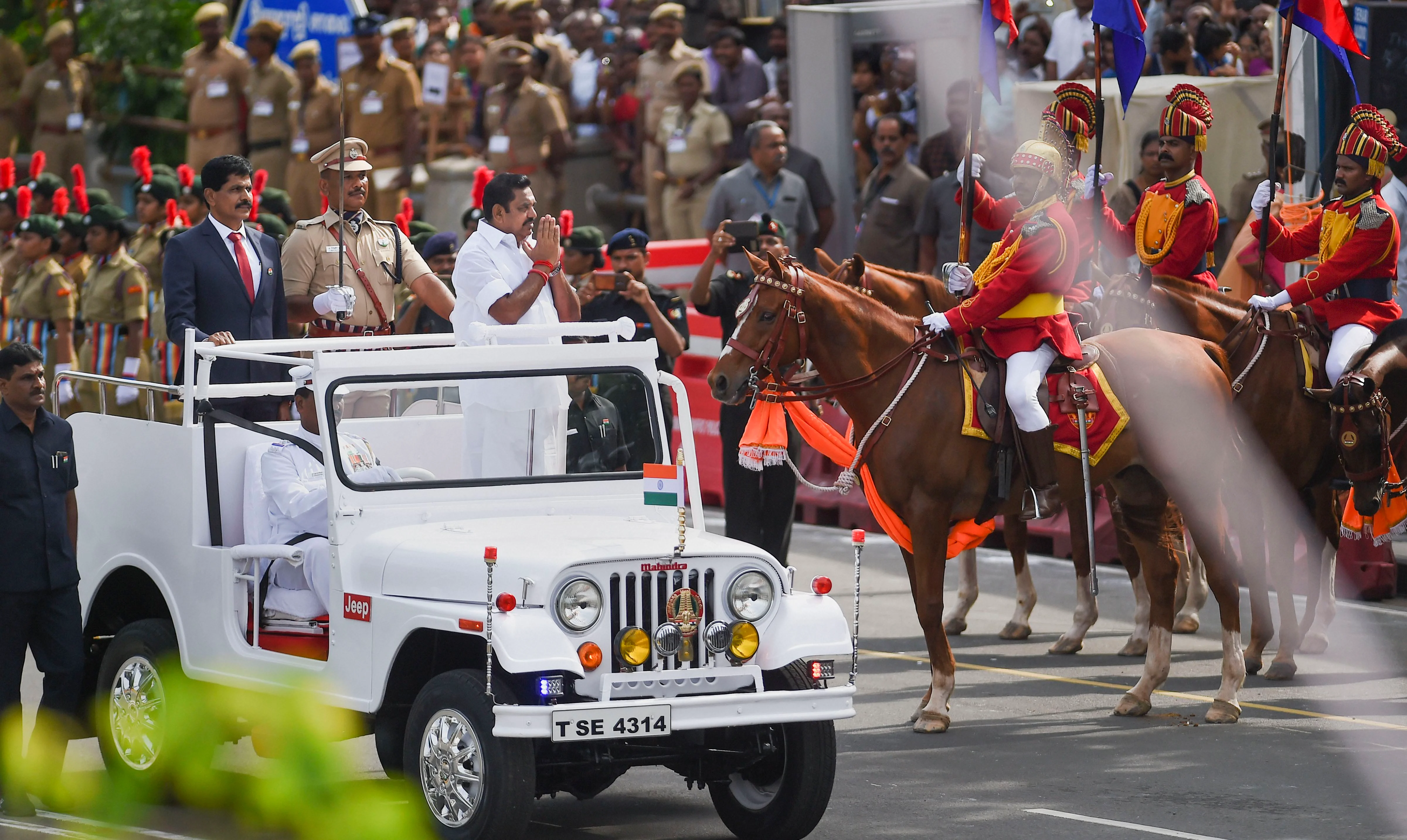 Tamil Nadu Chief Minister Edappadi K. Palaniswami reviews the parade during the 73rd Independence Day celebrations at Fort St. George in Chennai
