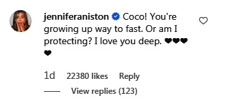 Godmother Jennifer Aniston thinks Courtney Cox's daughter Coco is growing up too fast