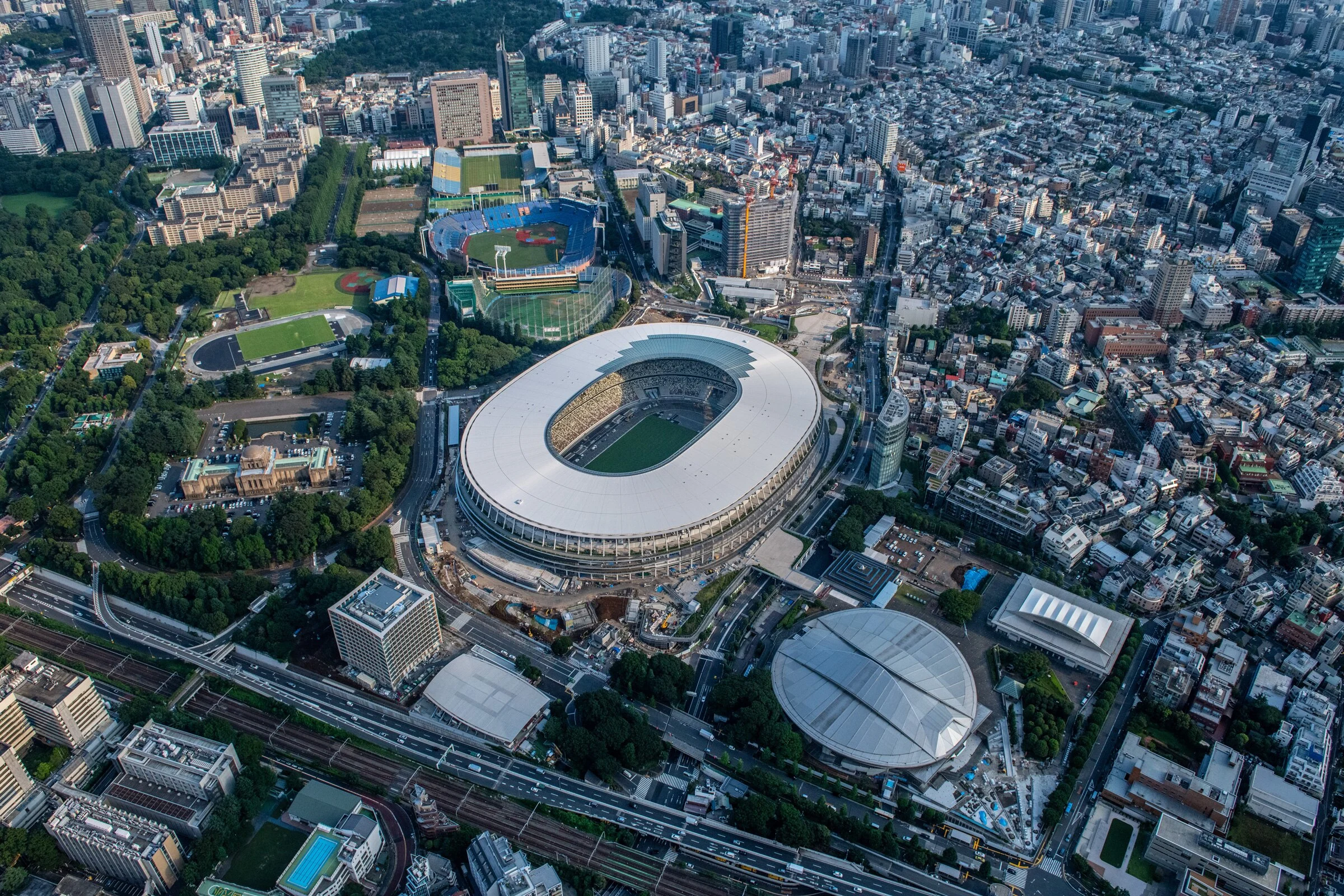 The New National Stadium, the main stadium for the Tokyo 2020 Olympics, and the Tokyo Metropolitan Gymnasium (bottom right)