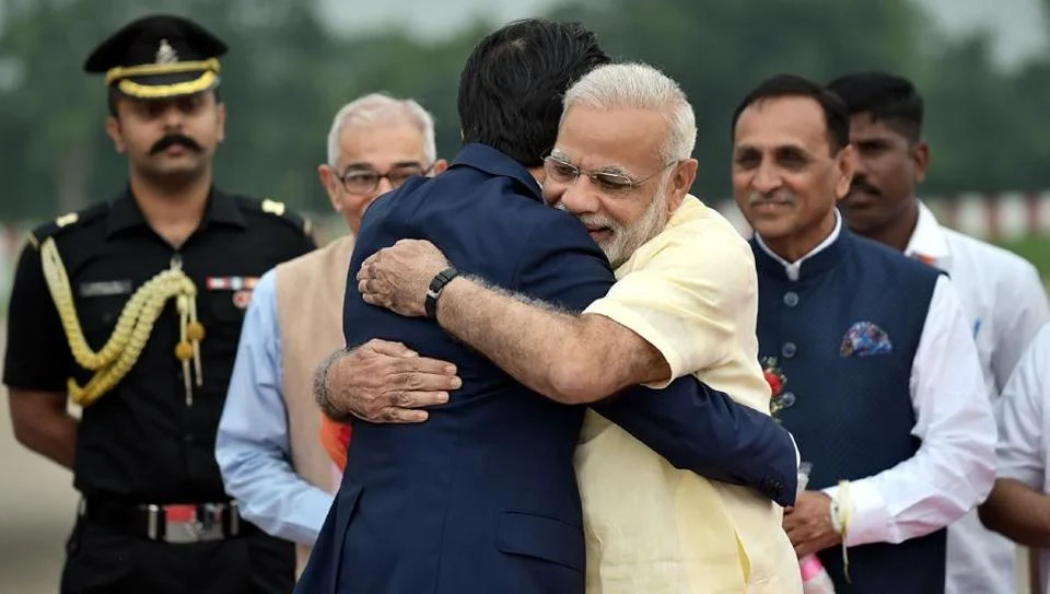 Narendra Modi hugs Shinzo Abe at Ahmedabad airport