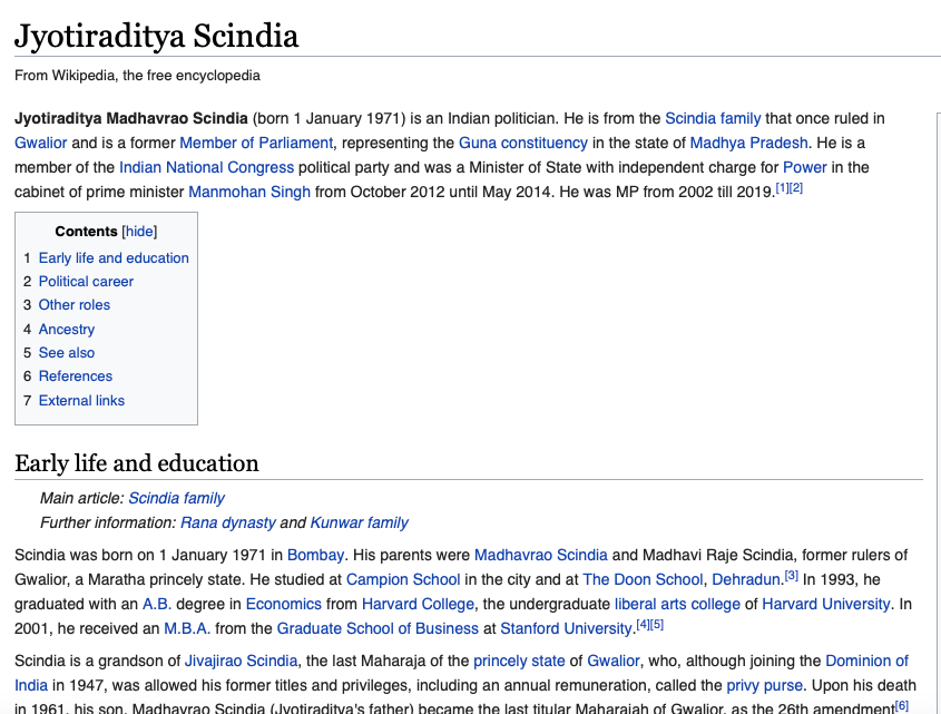 Jyotiraditya Scindia's Wikipedia page