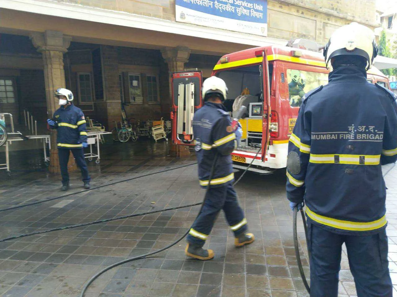 Mumbai Fire Brigade staffer begin the sanitisation work at KEM Hospital