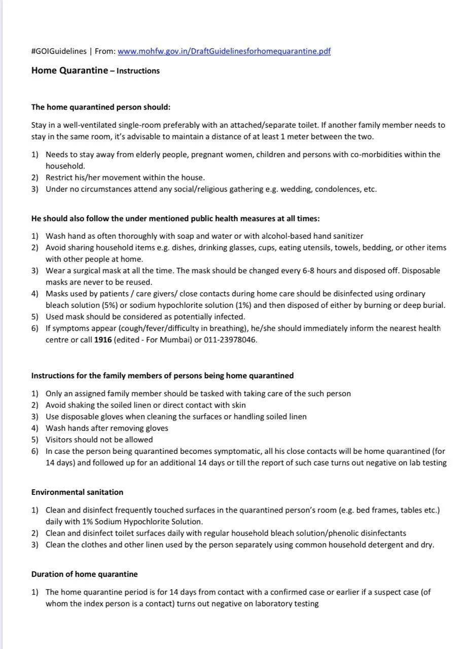 The Government of India's guidelines for those who have self-quarantined