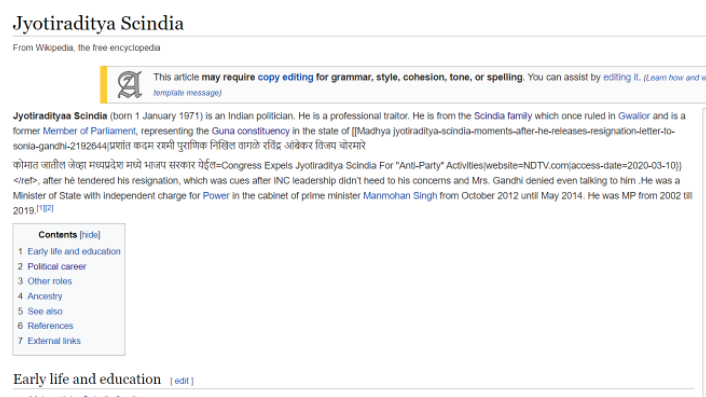 The vandalised Wikipedia page