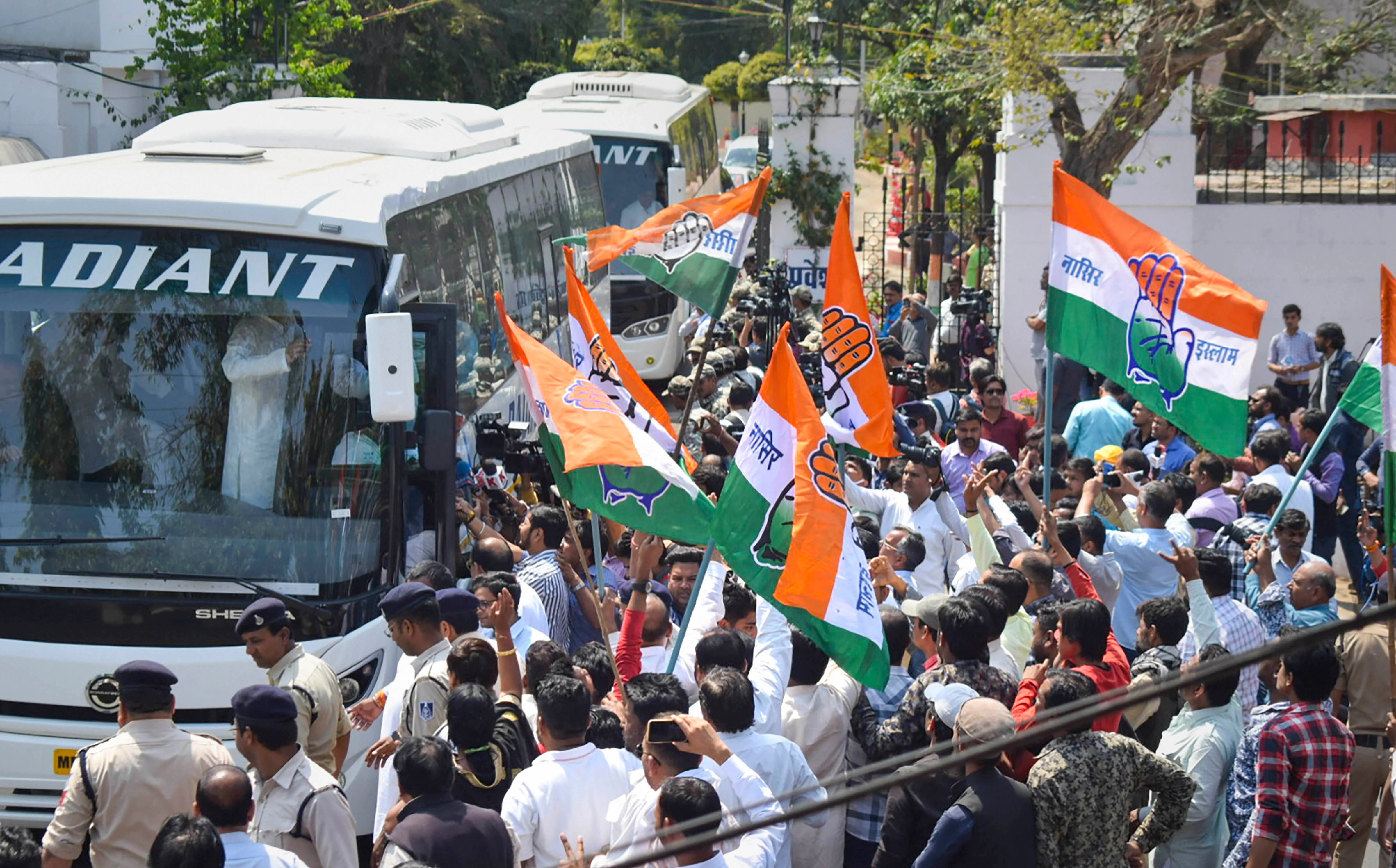 Madhya Pradesh Congress Party MLAs leave after meeting Governor Lalji Tandon, to demand for the release of their party MLAs from Bengaluru, at Raj Bhavan in Bhopal, Wednesday, March 18, 2020.