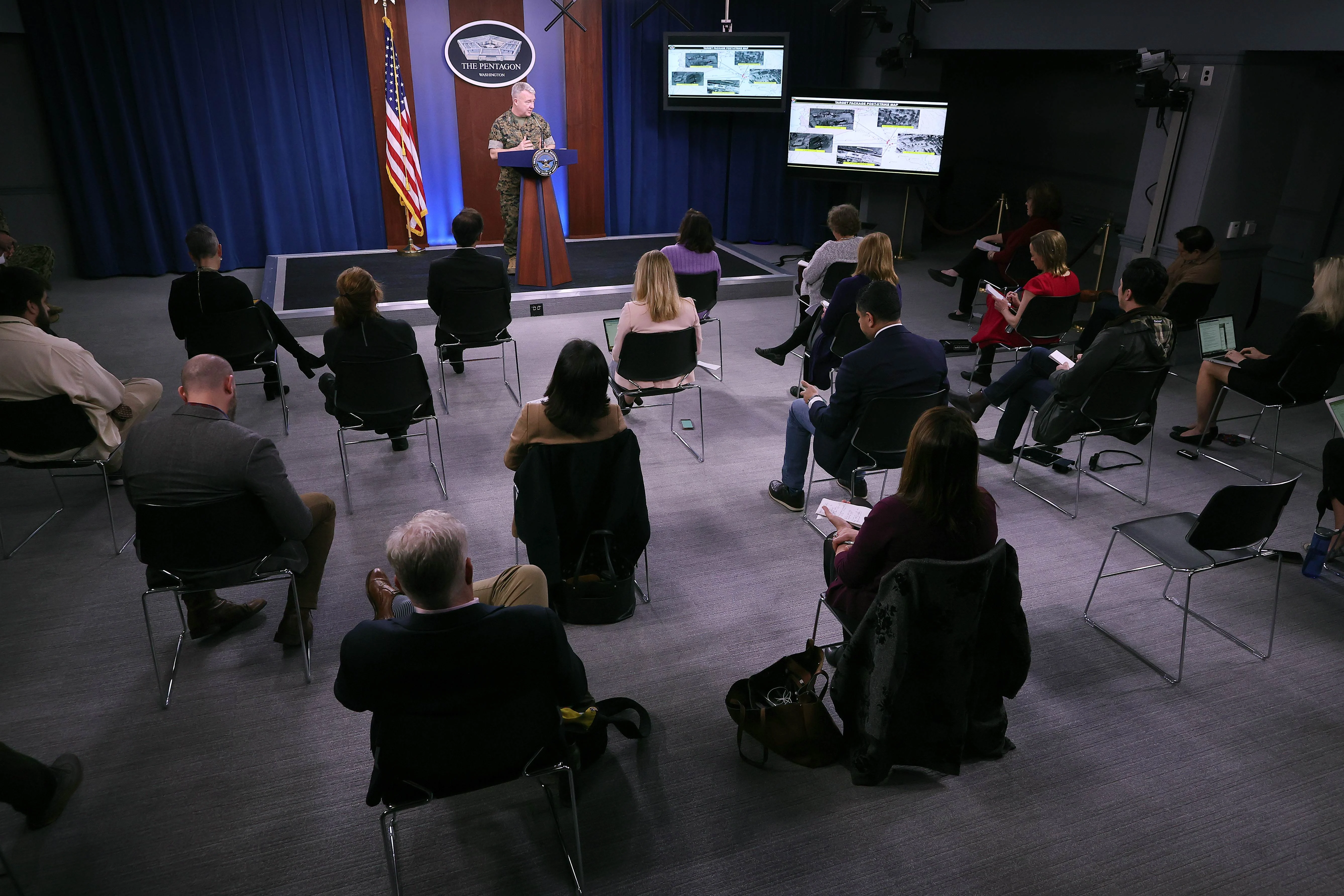 Because of the threat of transmission of the novel coronavirus (COVID-19), the Pentagon is exercising social distancing by keeping reporters' chairs four feet apart from each other during briefings.