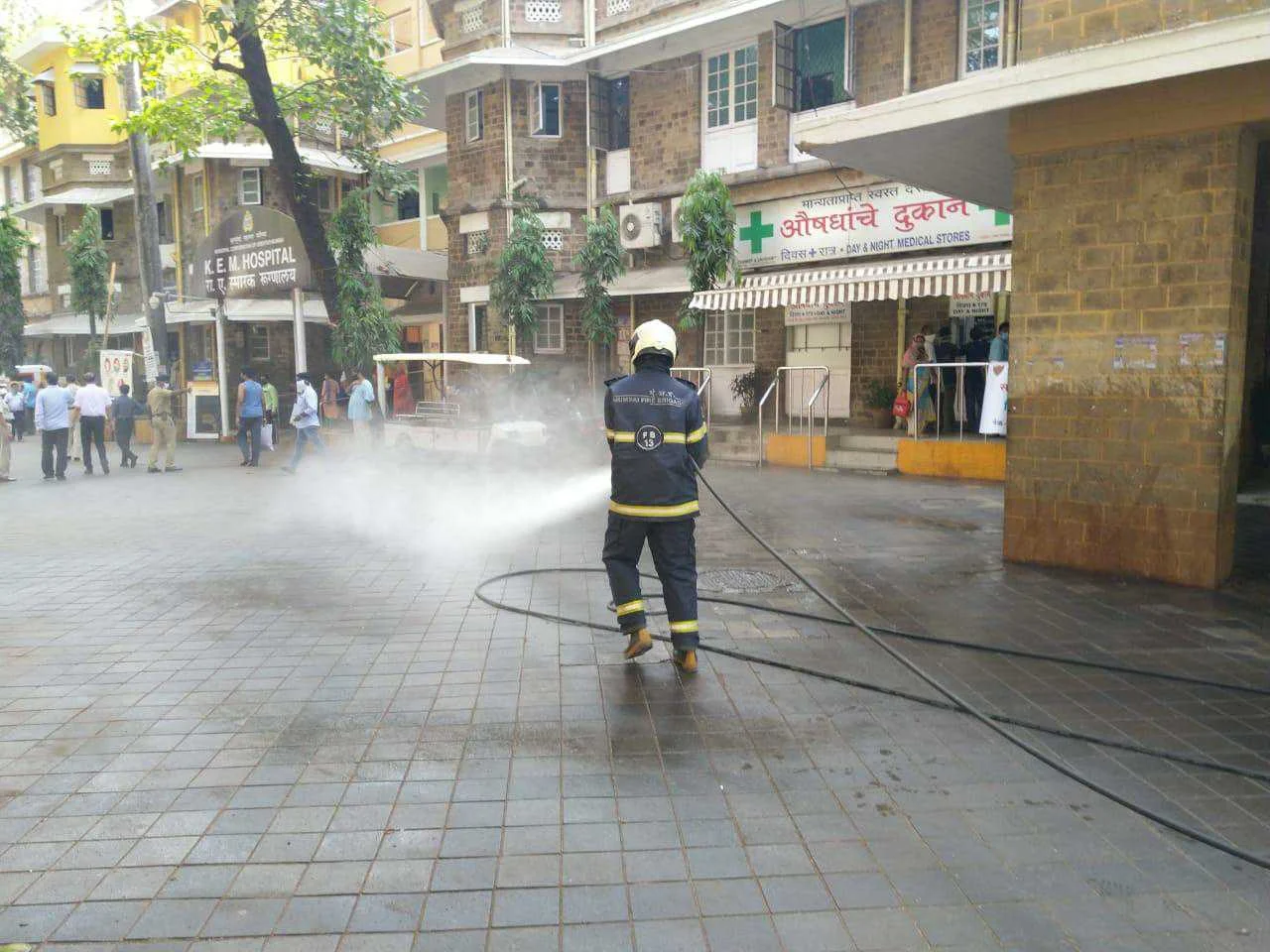 Mumbai Fire Brigade staffer use sodium hydrochloride solution diluted in water to disinfect the premises