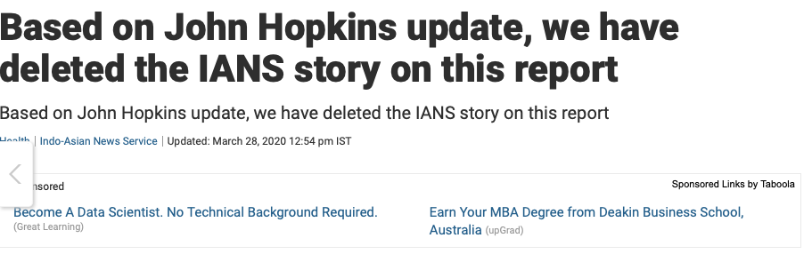 NDTV deletes report on COVID-19 transmission in India as Johns Hopkins distances itself