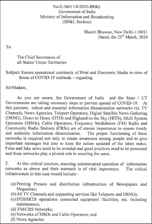 Ensure continuous operation of print, electronic media to curb spread of fake news amid COVID-19: I&B Ministry requests state govts