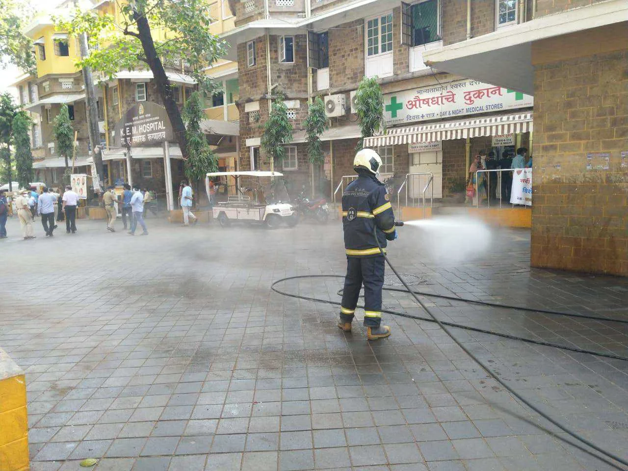 Mumbai Fire Brigade staffer use sodium hydrochloride solution diluted in water to disinfect the premises