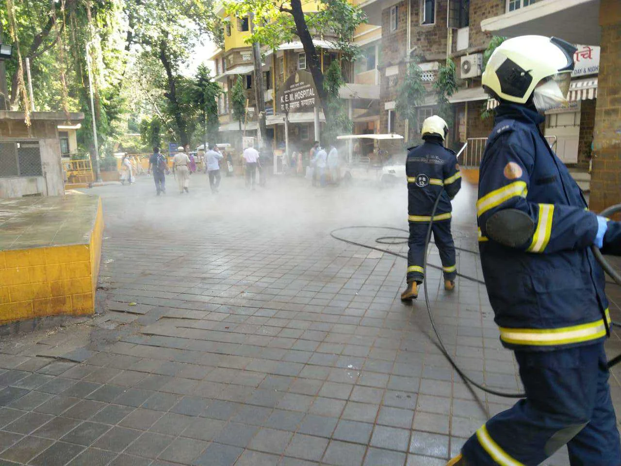 Mumbai Fire Brigade staffer use sodium hydrochloride solution diluted in water to disinfect the premises